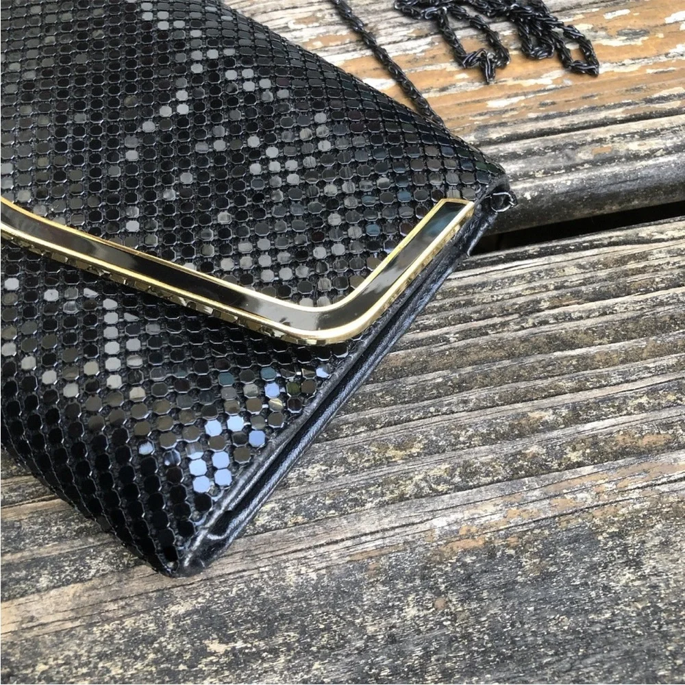 Black Metal Mesh Purse Envelope Clutch Bag Gold Accents Disco Vintage 70s 80s